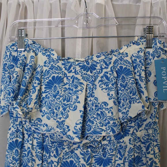 NWT POPVIL Blue/White Floral pattern strapless maxi dress with ruffles in Sz (M) - Picture 5 of 9